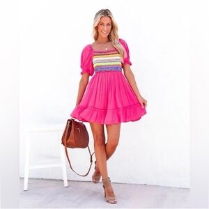 Vici Hot Pink Smocked Mini Dress with Multicolor Bodice